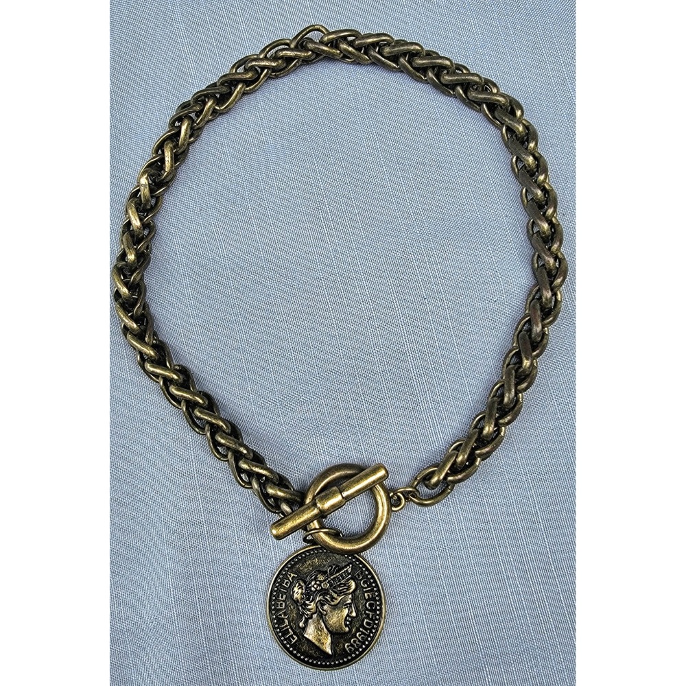 Vintage Brass Chunky Wheat Chain Coin Pendant Toggle Necklace 16.5 Inch 1989